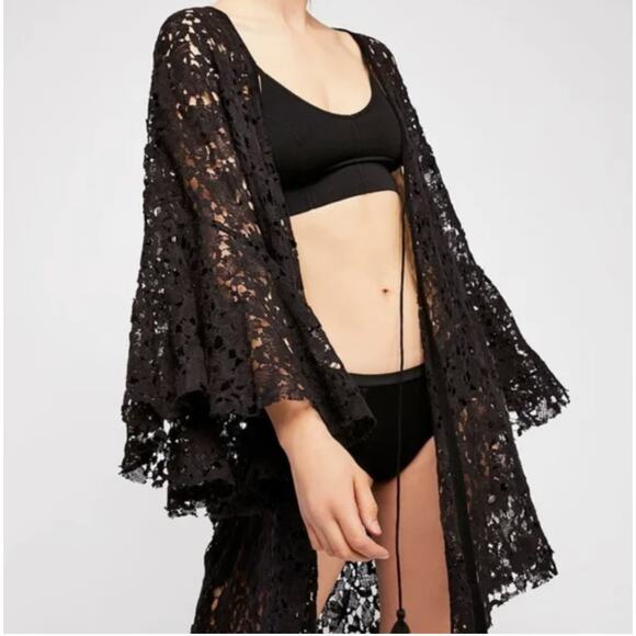 Free people Black Crochet Lace Duster Cardigan